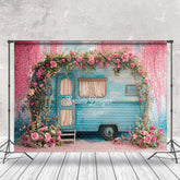 Lofaris Retro Blue Car Pink Peach Blossom Spring Backdrop
